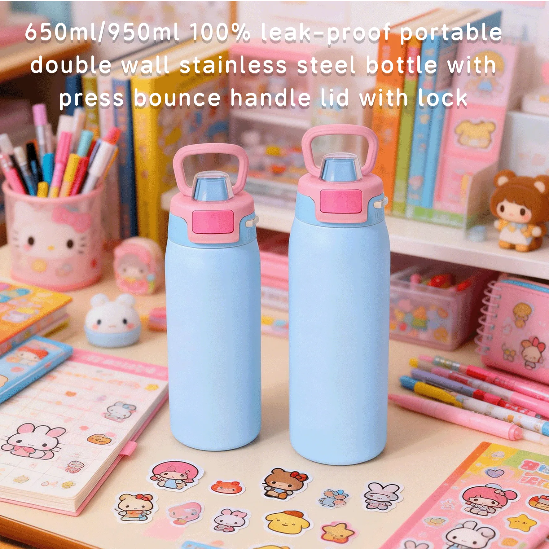 DT6502 DT9501- double wall stainless steel bottle with press bounce handle lid