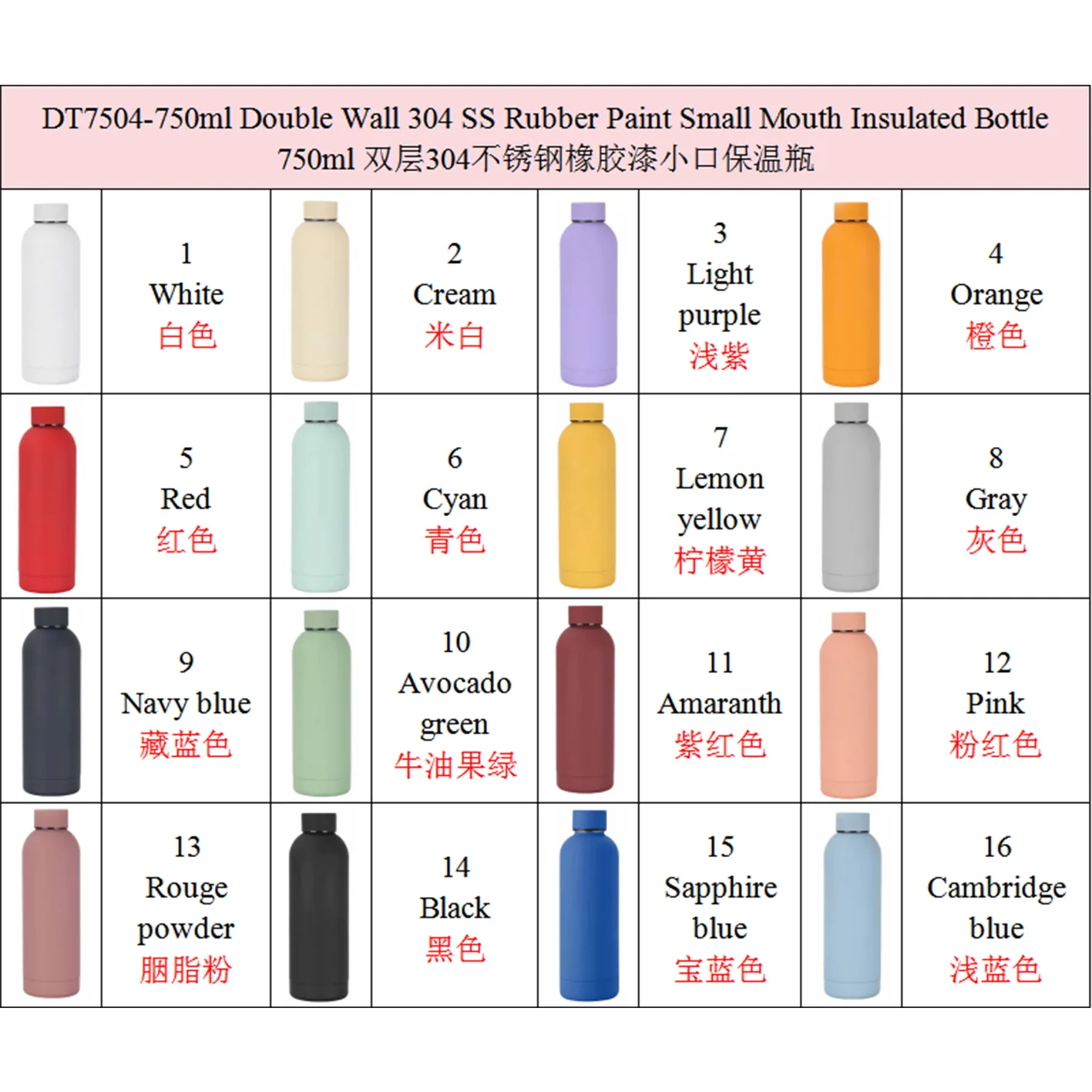DT7504--750ml Double Wall 304 SS Rubber Paint Small Mouth Insulated Bottle