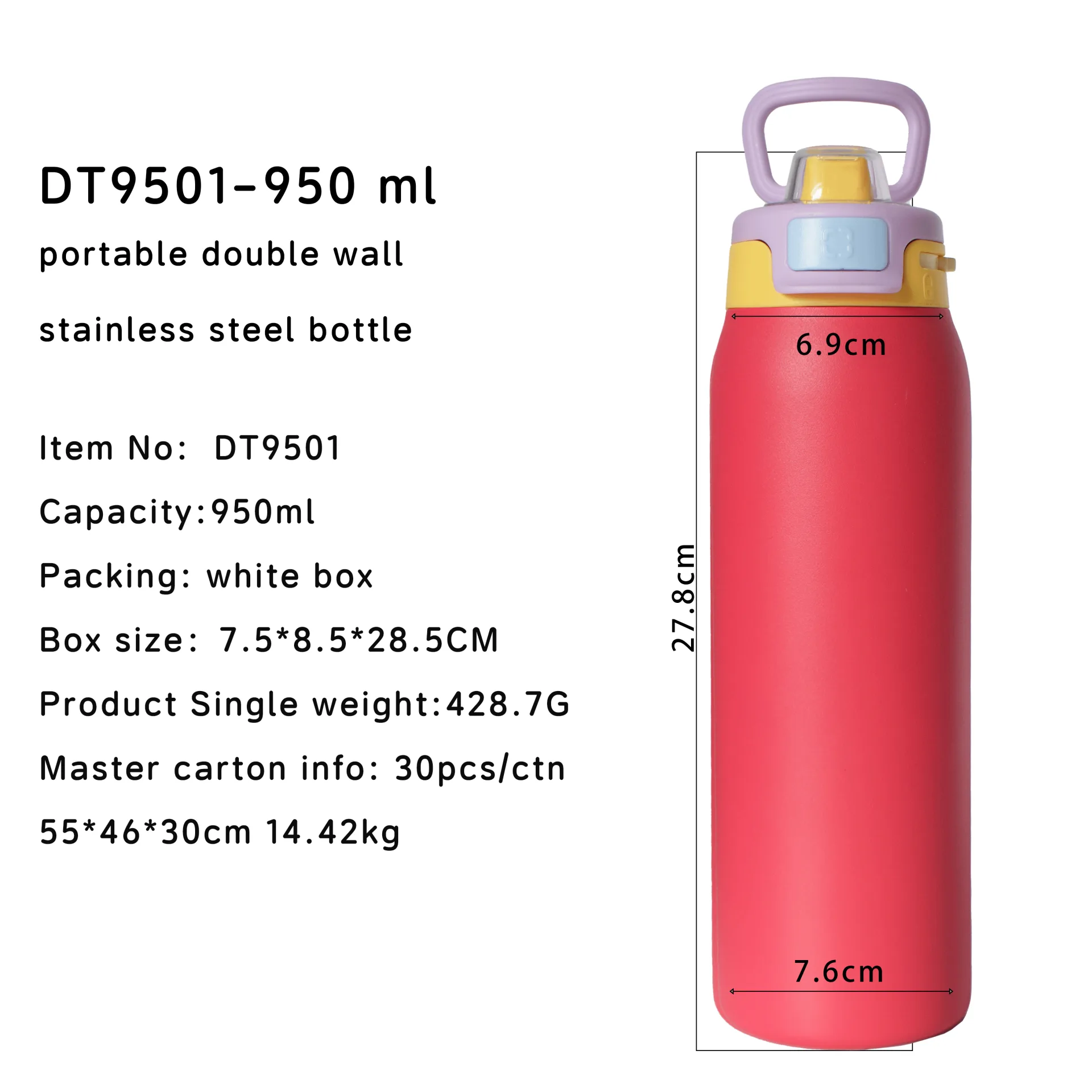 DT6502 DT9501- double wall stainless steel bottle with press bounce handle lid